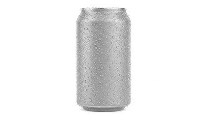 A close-up view of a chilled silver-colored can covered in condensation drops