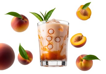 Refreshing Peach Smoothie with Fresh Fruits and Leaves.