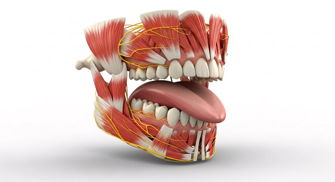 Detailed anatomical view of human jaw structure showcasing teeth, tongue, and facial muscles