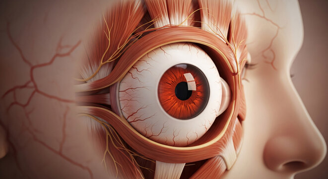 Detailed close up of human eye anatomy showing orbital muscles and the eyeball structure