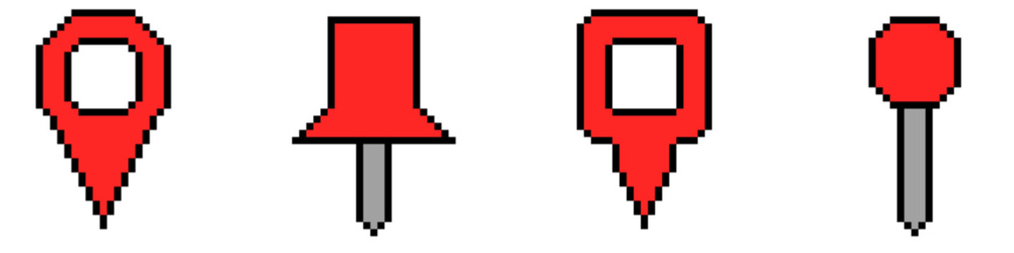 Set editable pixel pin location icon vector for retro maps. Ideal for 8-bit navigation games, vintage gps interfaces, and digital travel apps. Symbolizes arcade tracking and finding spots.