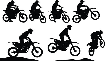 Silhouettes of motocross riders on dirt bikes in action on a white background motorcycle