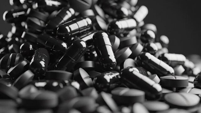 A large heap of black pills and capsules spilling onto a dark surface.