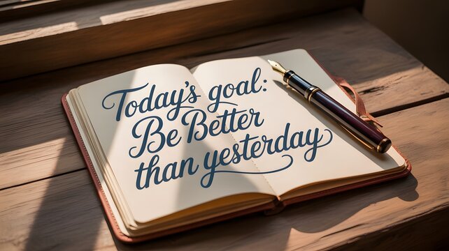 Inspirational journal with motivational quote on wooden table