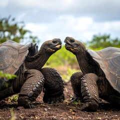 Obraz premium Two giant tortoises facing each other in a blurred, natural environment of dirt, grass, and shrubbery
