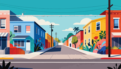 Naklejka premium Colorful urban street with diverse buildings, lush greenery, and vibrant flowers