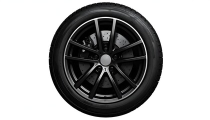Obraz premium A close-up view of a sleek black car tire featuring detailed wheel design and surface texture