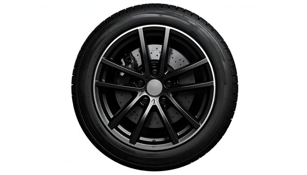 A close-up view of a sleek black car tire featuring detailed wheel design and surface texture
