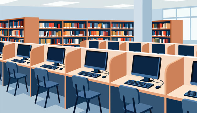Rows of computers and chairs in a library with shelves of books in the background