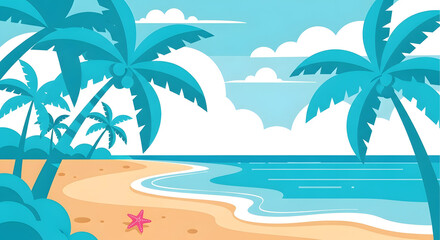 Fototapeta premium Serene tropical beach with palm trees, sandy shore, and starfish, perfect for relaxation and vacation getaway