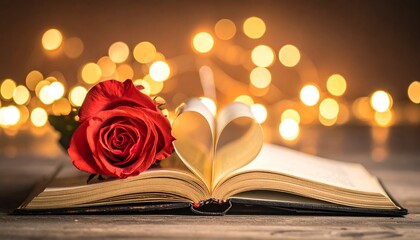 An open book creates a heart shape with a red rose beside it, illuminated by soft, warm lights