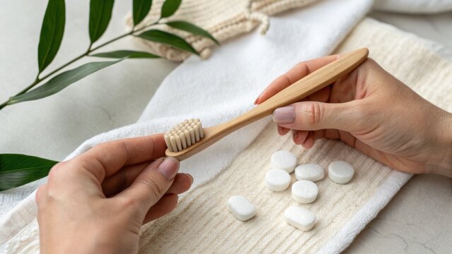 A person holds a bamboo toothbrush and toothpaste tablets on a towel, next to green leaves, emphasizing eco-friendly oral care and sustainable hygiene practices.