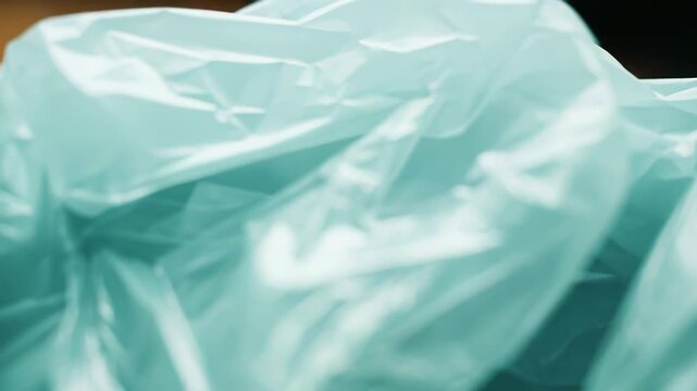 Green crumpled plastic foil texture with glossy, wavy surface and macro detail, symbolizing packaging waste, pollution and environmental impact for ecology and sustainability concepts