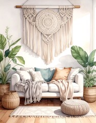A serene living room with a macrame wall hanging and plants (1)