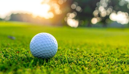 Obraz premium A close-up view of a golf ball resting on vibrant green grass under a warm sunset glow