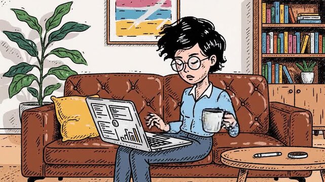 Woman with glasses working on laptop from home on a comfortable couch