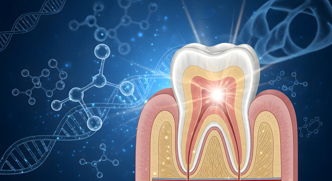 Detailed cross section of a human tooth structure with glowing pulp on a scientific molecular DNA background