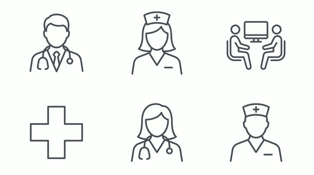 Professional medical icons collection with line art of doctors and nurses on white background, concept for hospital management, healthcare website interface and clinic appointment app design