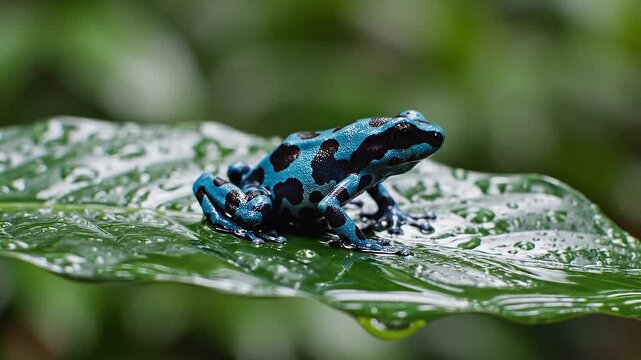 A vivid blue frog, a rainforest jewel, perched gracefully on a dew-covered leaf, subtly performs a silent natural dance, showcasing an exotic concept of wild beauty