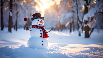Obraz premium A snowman in a snowy forest with a hat and scarf