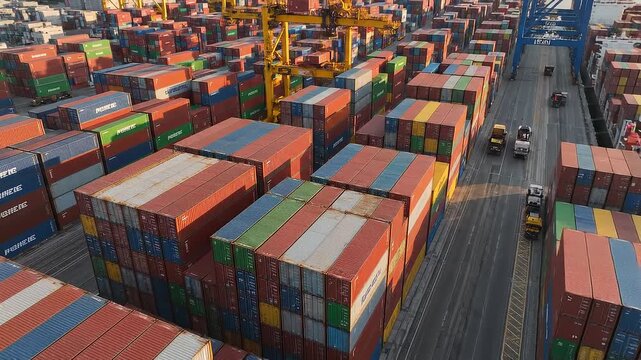 Aerial view of shipping containers at a busy dockyard with cranes and machinery.