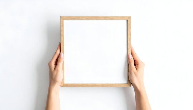 A pair of hands holding a blank square wooden photo frame against a clean white background