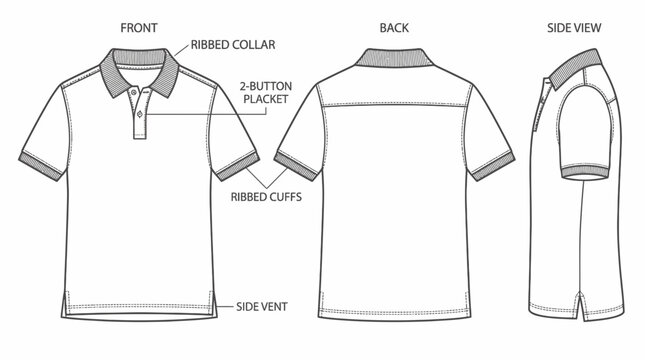 technical flat sketch of a men polo shirt showing front back and side views with detailed callouts on white background, concept for apparel manufacturing, garment design and fashion production