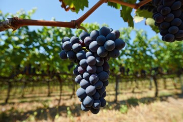 Ripe purple grapes hanging amidst lush green vineyard rows under bright sunlight