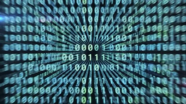 Digital binary code tunnel representing data flow and information transfer