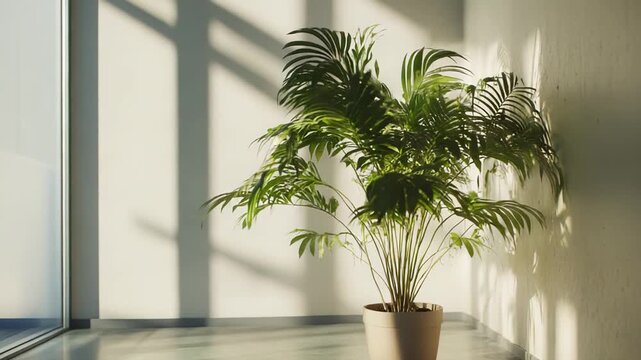 Potted areca palm plant standing in a minimal room, with natural sunlight casting strong geometric shadows on the wall and concrete floor, creating a bright, calm atmosphere