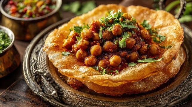 Close-up of Traditional Indian Food Chole Bhature fluffy bhature with spicy chickpea curry vibrant spices garnished with coriander authentic setting