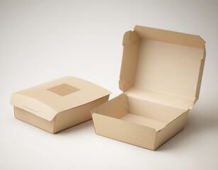 Open and closed eco takeaway box mockup
Two angles in one scene, realistic paper texture, mockup presentation style.