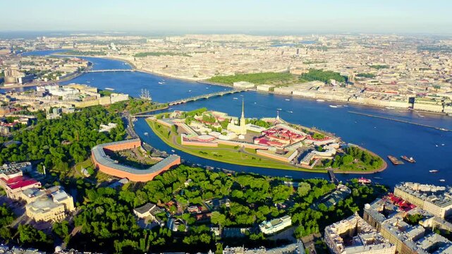 Saint-Petersburg, Russia. Neva River. Panoramic Drone footage of Hare Island and Artelery Island. Peter-Pavel s Fortress. Trinity bridge. Drone footage