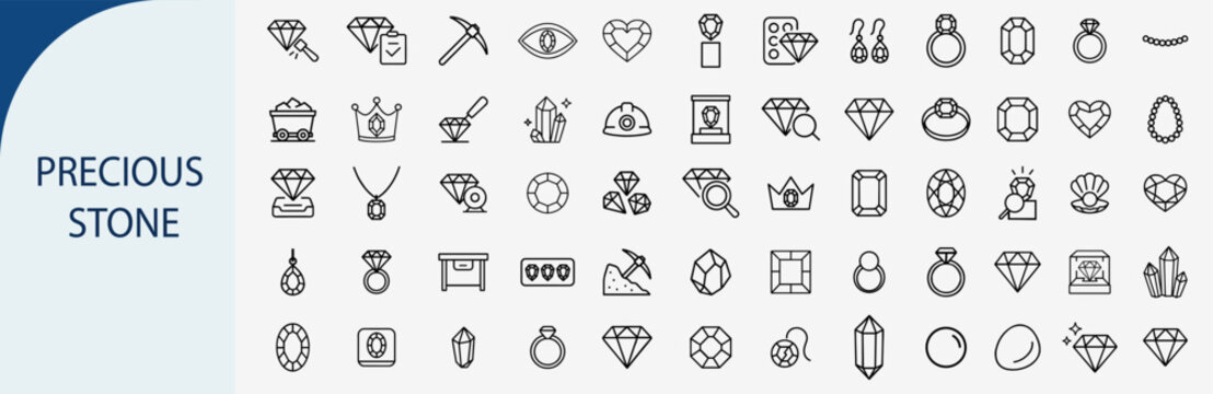 Precious stone and jewelry icons set, outline symbols for diamond luxury gem crystal jewelry store fashion accessory and wealth vector illustration