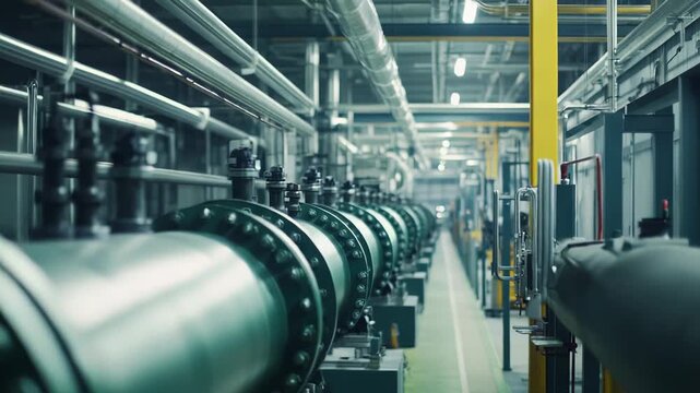 Large green industrial pipes with flanges and valves running through a clean manufacturing plant interior. Indicating advanced technology and robust engineering infrastructure for industrial processes