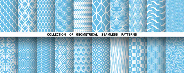 Geometric set of seamless blue and white patterns. Simple vector graphics