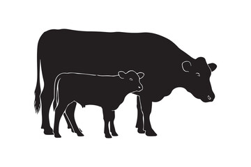 Obraz premium Cow and calf silhouette vector art illustration on white background 