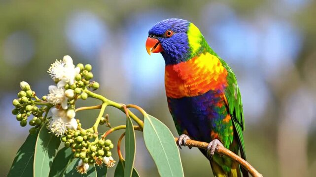 Vibrant lorikeet perched on blooming eucalyptus branch in sunny outdoor setting