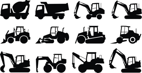 Construction vehicle silhouettes vector pack featuring excavators, dump trucks, concrete mixer, bulldozers, tractors, loaders and heavy machinery icons for industrial construction projects © Sophia Creatives