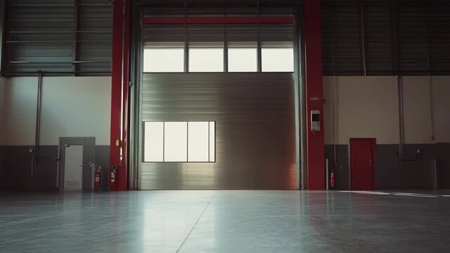 Empty industrial warehouse creating a vast indoor space featuring a large closed loading dock door and a high ceiling, ready for storage, logistics, or commercial operations