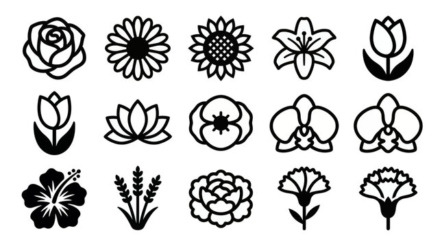 collection of various minimalist flower line icons including rose sunflower tulip orchid and lotus on white background, concept for boutique logo, nature branding and garden shop identity