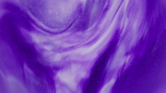 Ink defocused curl. Acrylic spill. Violet white dye mix abstract fluorescent color. Shimmering pigment dissolving on purple background.