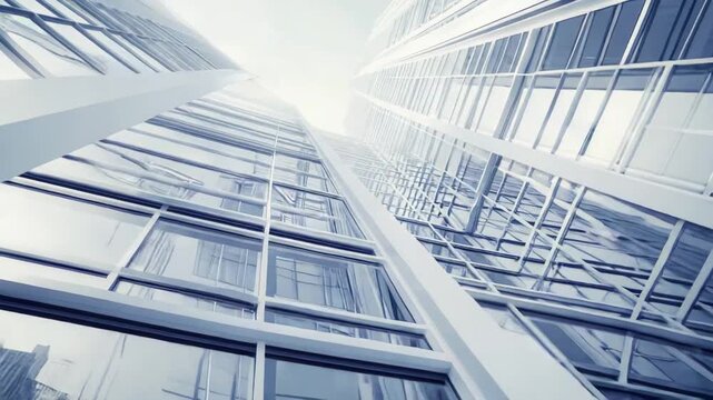 Modern corporate glass buildings reflecting the light, offering a concept of business, finance, and contemporary architecture with a bright, clean aesthetic