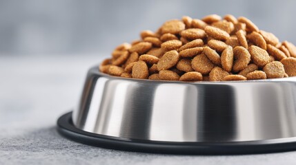 Brown cat or dog kibble in a metal bowl isolated top view close-up. Nutritious healthy diet pet food scattered around, falls and cascades the bowl. Dry cat or dog food spills from a bowl.