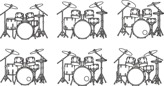 Collection of Six Detailed Drum Kit Illustrations in Outline Style for Music Concepts