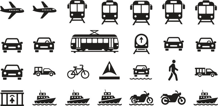 Collection of black silhouette icons representing various modes of transportation, including cars, trains, airplanes, and ships.
