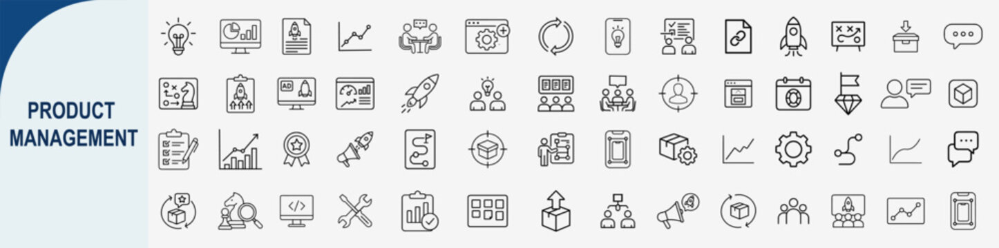 Product management and development icons set, outline symbols for project planning lifecycle strategy agile workflow and business production vector illustration
