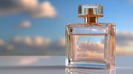 A glass bottle of perfume with a black cap on a plain background