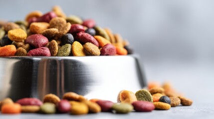 Brown cat or dog kibble in a metal bowl isolated top view close-up. Nutritious healthy diet pet food scattered around, falls and cascades the bowl. Dry cat or dog food spills from a bowl.