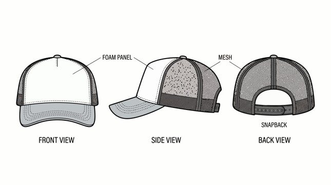 Technical drawing of blank trucker hat template with front side and back views on white background, concept for apparel design, product mockup and branding merchandise